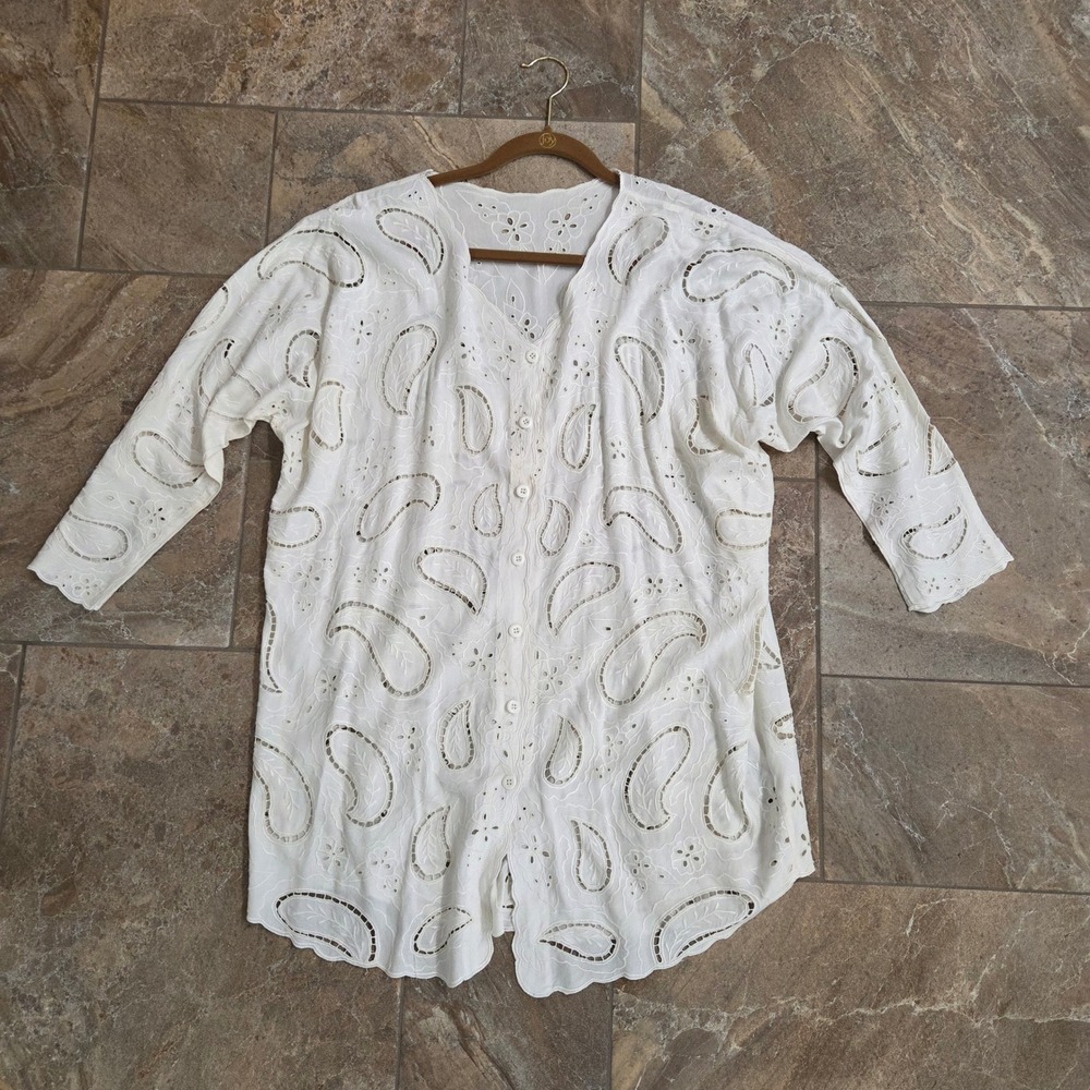 Hibis Lace Works White Eyelet Paisley Embroidery Button Rayon Tunic Large Boho